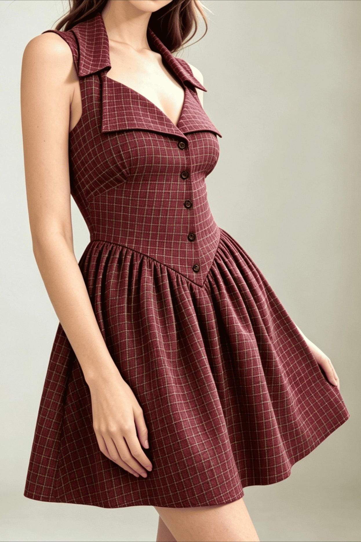 Plaid Halter Neck Waist Cinch Mini Dress