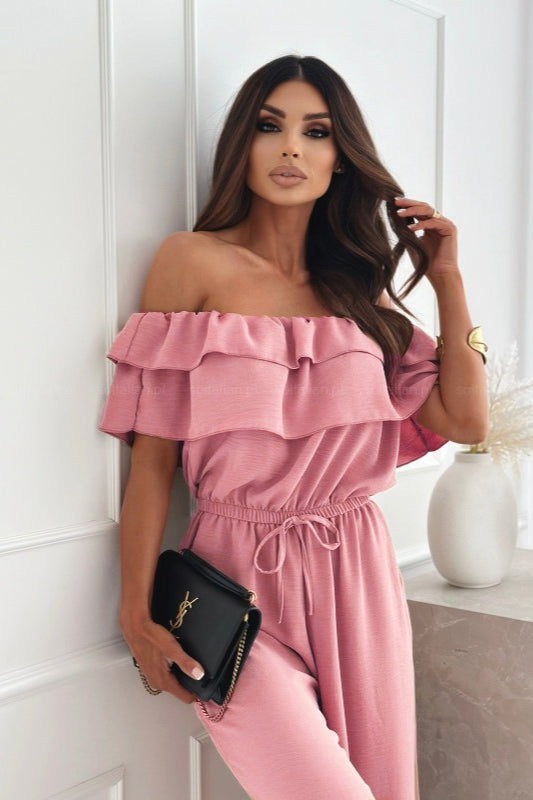 Off Shoulder Solid Ruffle Wide Leg Jumpsuit