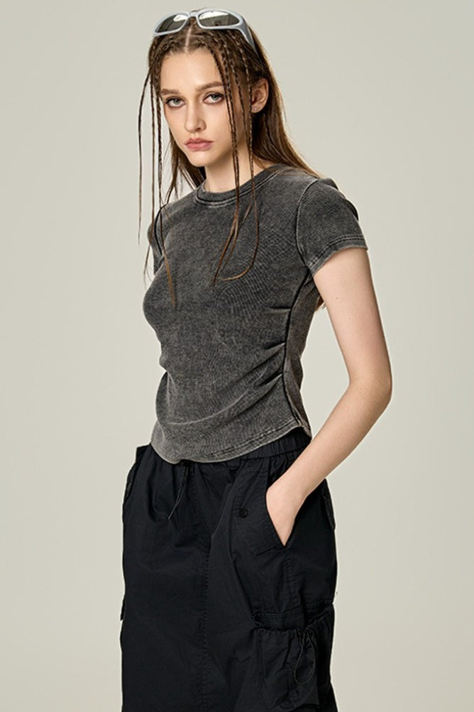 Washed Ruched Slim Y2K Stretch T-shirt