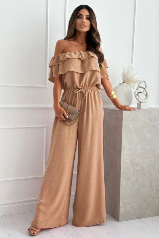 Off Shoulder Solid Ruffle Wide Leg Jumpsuit