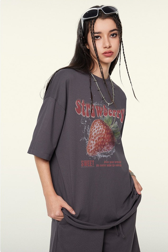 BE Men's 2025 Spring and Summer Trend Brand Loose and Cool Short Sleeve T-Shirt Strawberry Printed Mambo Short Sleeve T-Shirt Summer Men's