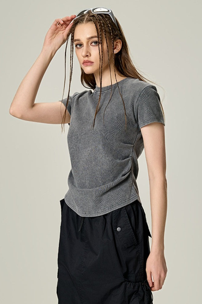Washed Ruched Slim Y2K Stretch T-shirt