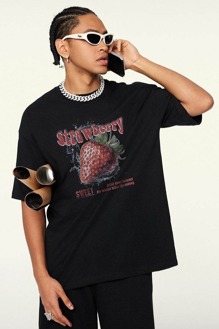 BE Men's 2025 Spring and Summer Trend Brand Loose and Cool Short Sleeve T-Shirt Strawberry Printed Mambo Short Sleeve T-Shirt Summer Men's