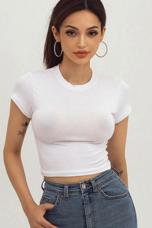 Short Sleeve Straight Shoulder White Crop Top