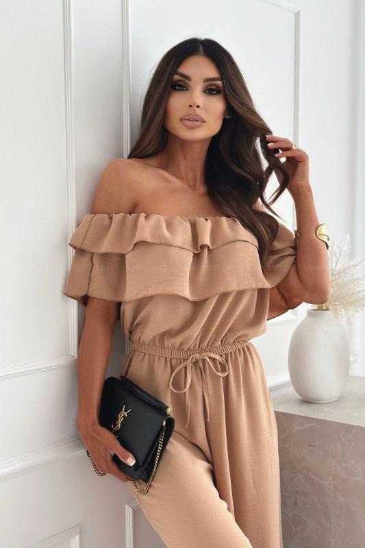 Off Shoulder Solid Ruffle Wide Leg Jumpsuit