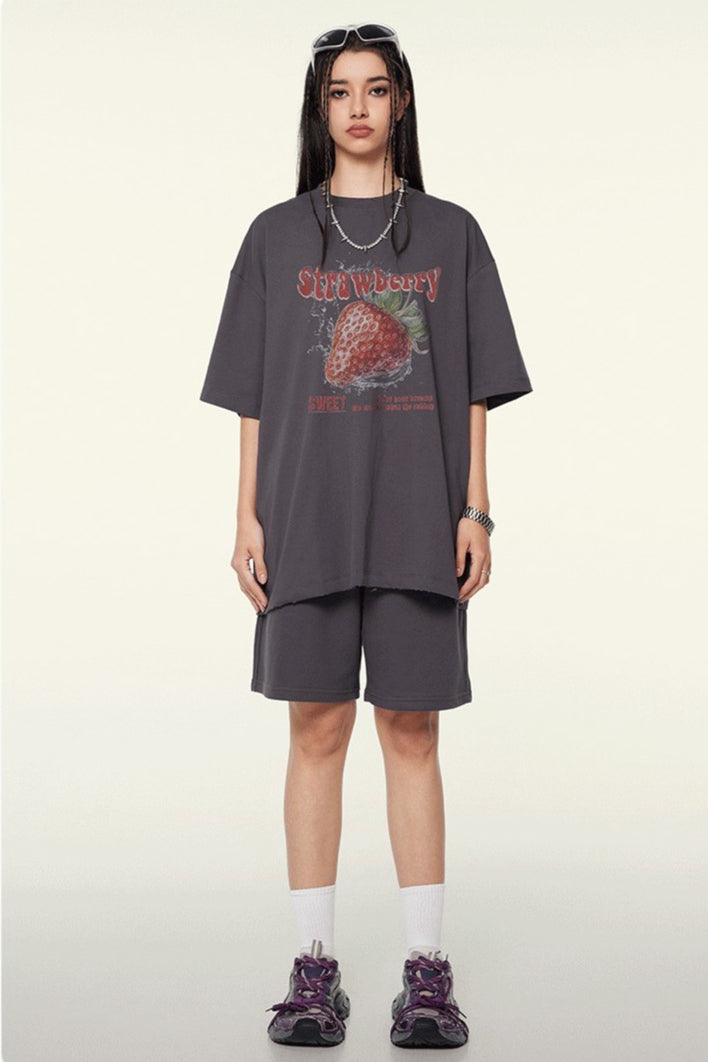BE Men's 2025 Spring and Summer Trend Brand Loose and Cool Short Sleeve T-Shirt Strawberry Printed Mambo Short Sleeve T-Shirt Summer Men's