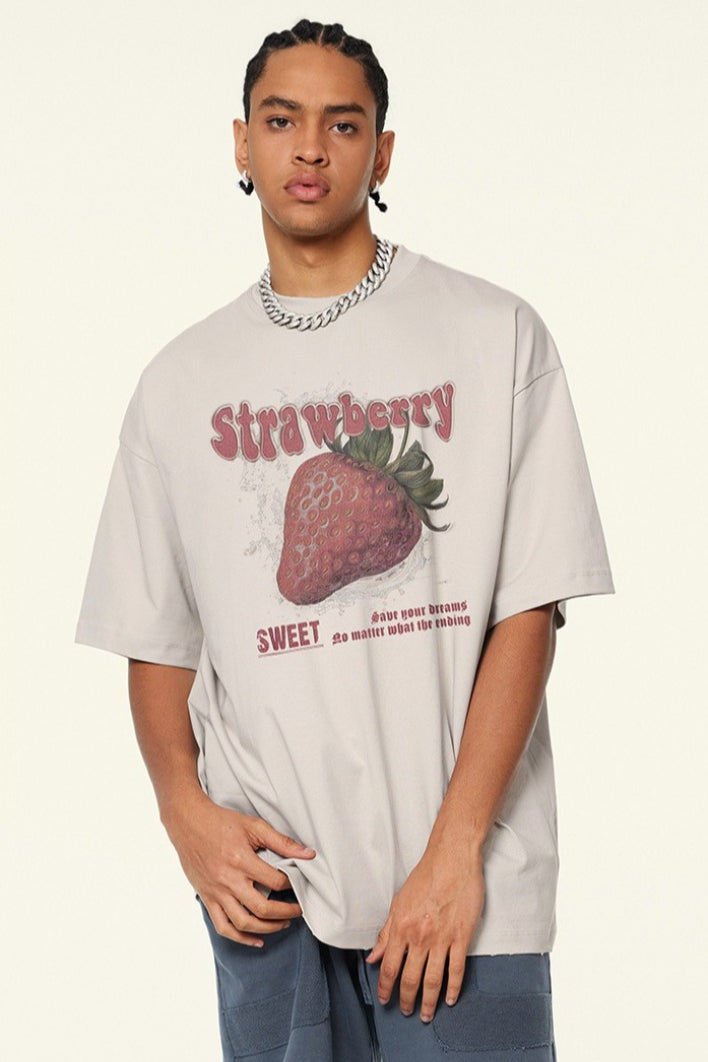 BE Men's 2025 Spring and Summer Trend Brand Loose and Cool Short Sleeve T-Shirt Strawberry Printed Mambo Short Sleeve T-Shirt Summer Men's