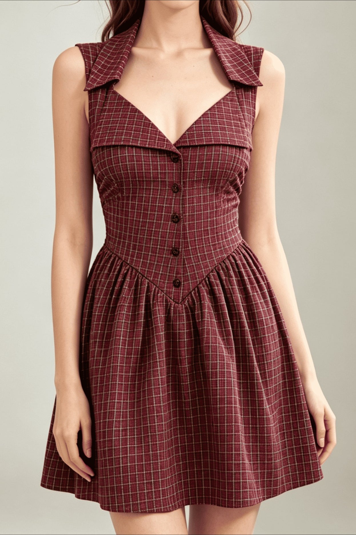 Plaid Halter Neck Waist Cinch Mini Dress