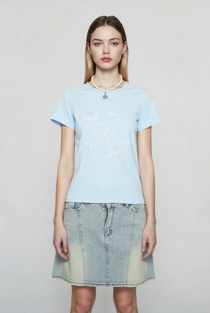 Crew Neck Pearl Detail Solid Loose T-shirt