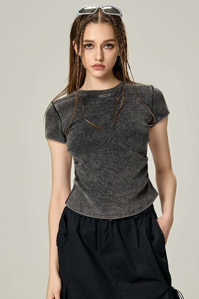 Washed Ruched Slim Y2K Stretch T-shirt
