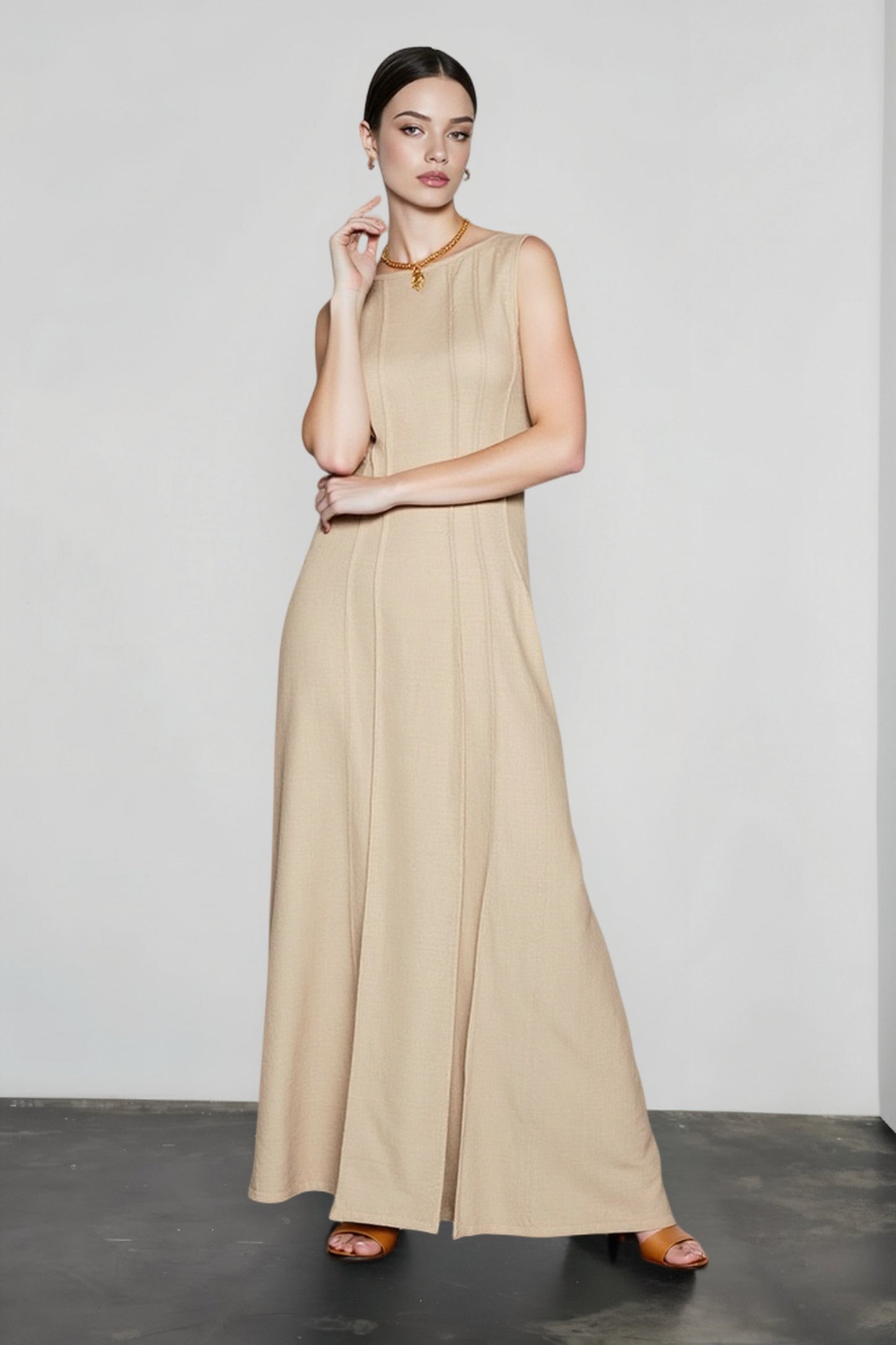 Minimal Slim Solid Neck Maxi Dress