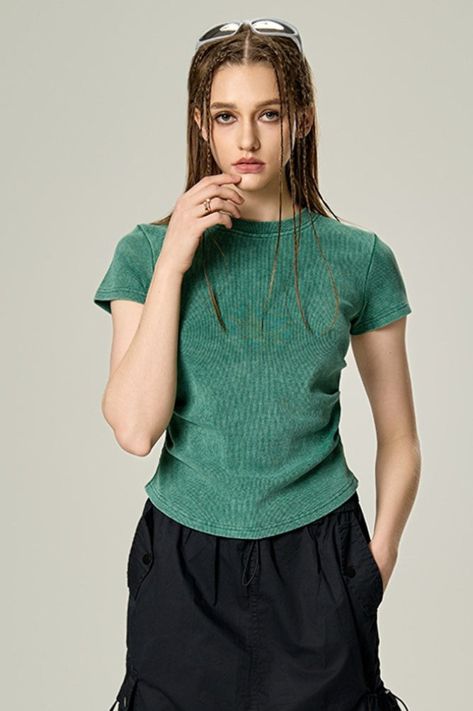 Washed Ruched Slim Y2K Stretch T-shirt