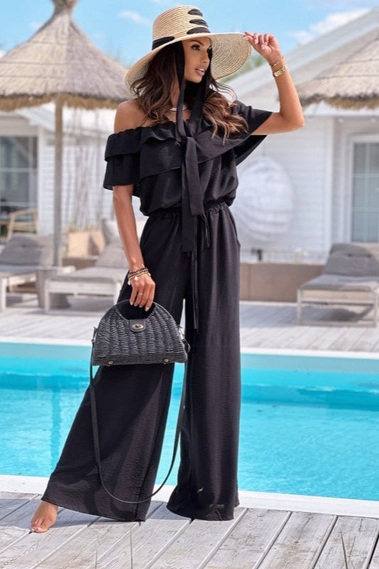 Off Shoulder Solid Ruffle Wide Leg Jumpsuit
