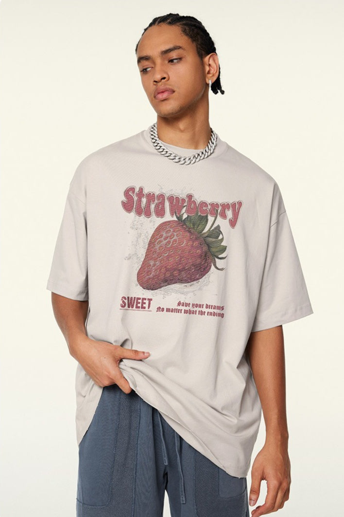 BE Men's 2025 Spring and Summer Trend Brand Loose and Cool Short Sleeve T-Shirt Strawberry Printed Mambo Short Sleeve T-Shirt Summer Men's