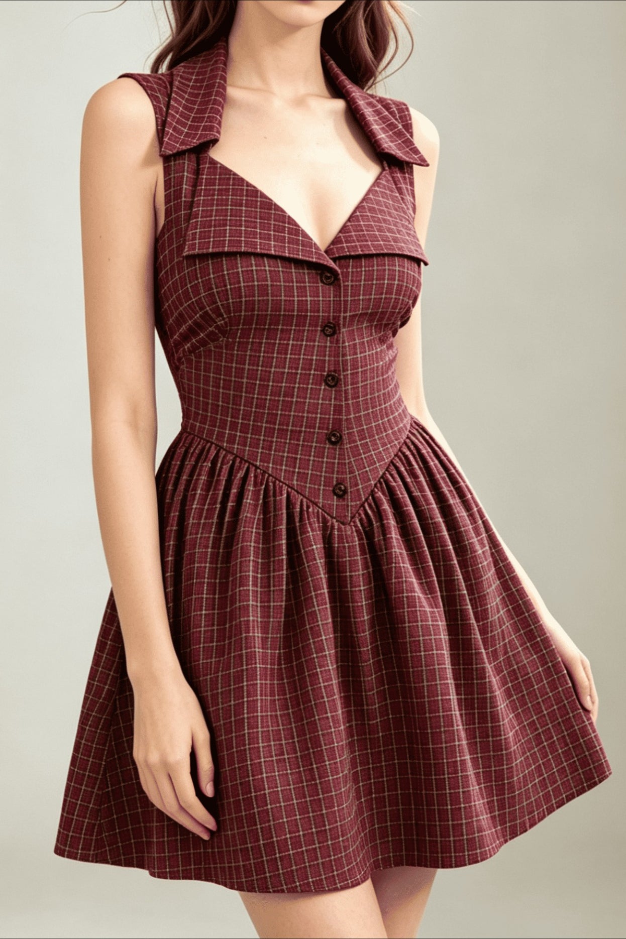 Plaid Halter Neck Waist Cinch Mini Dress