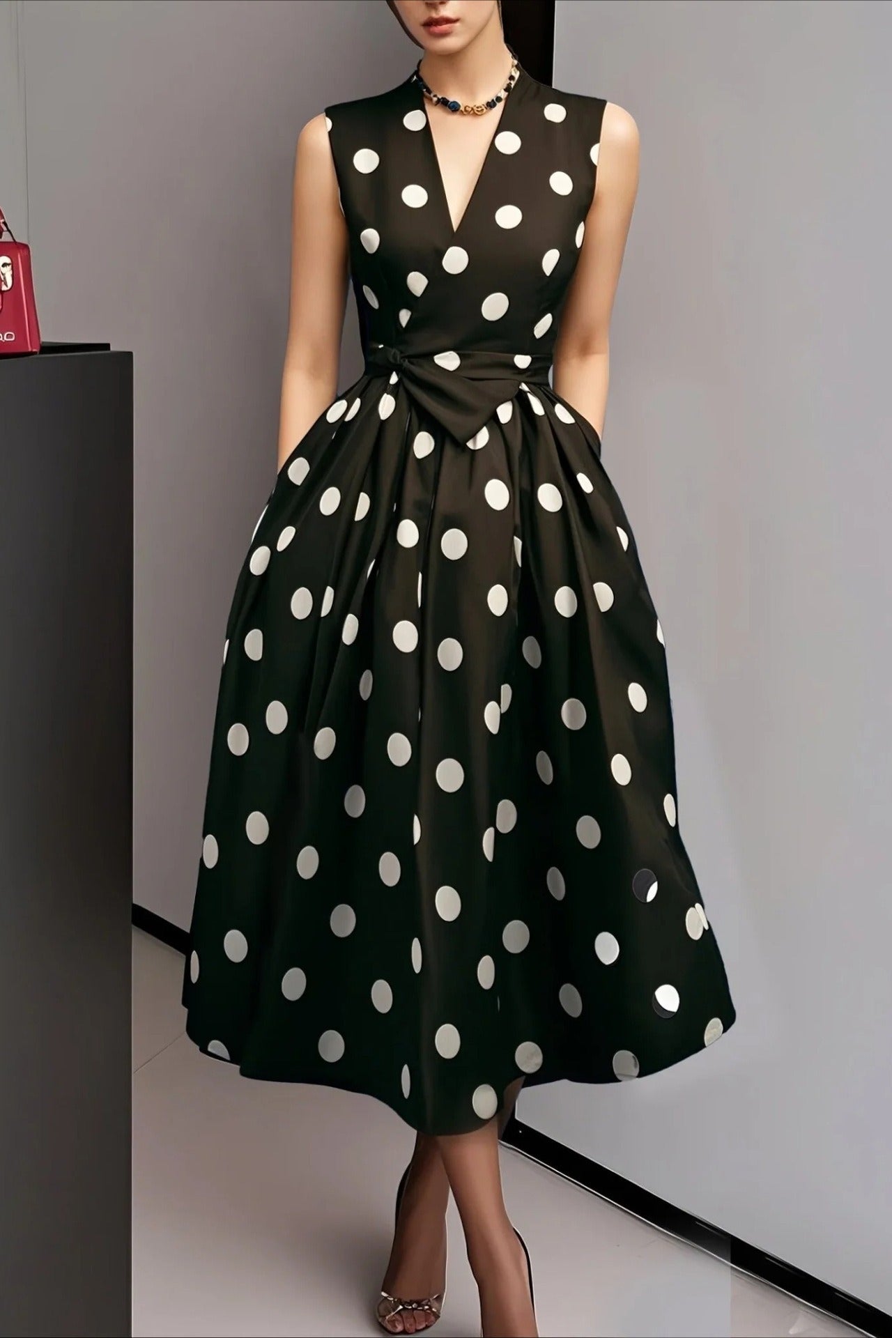 Sleeveless Polka Dot Vintage A-line Midi Dress