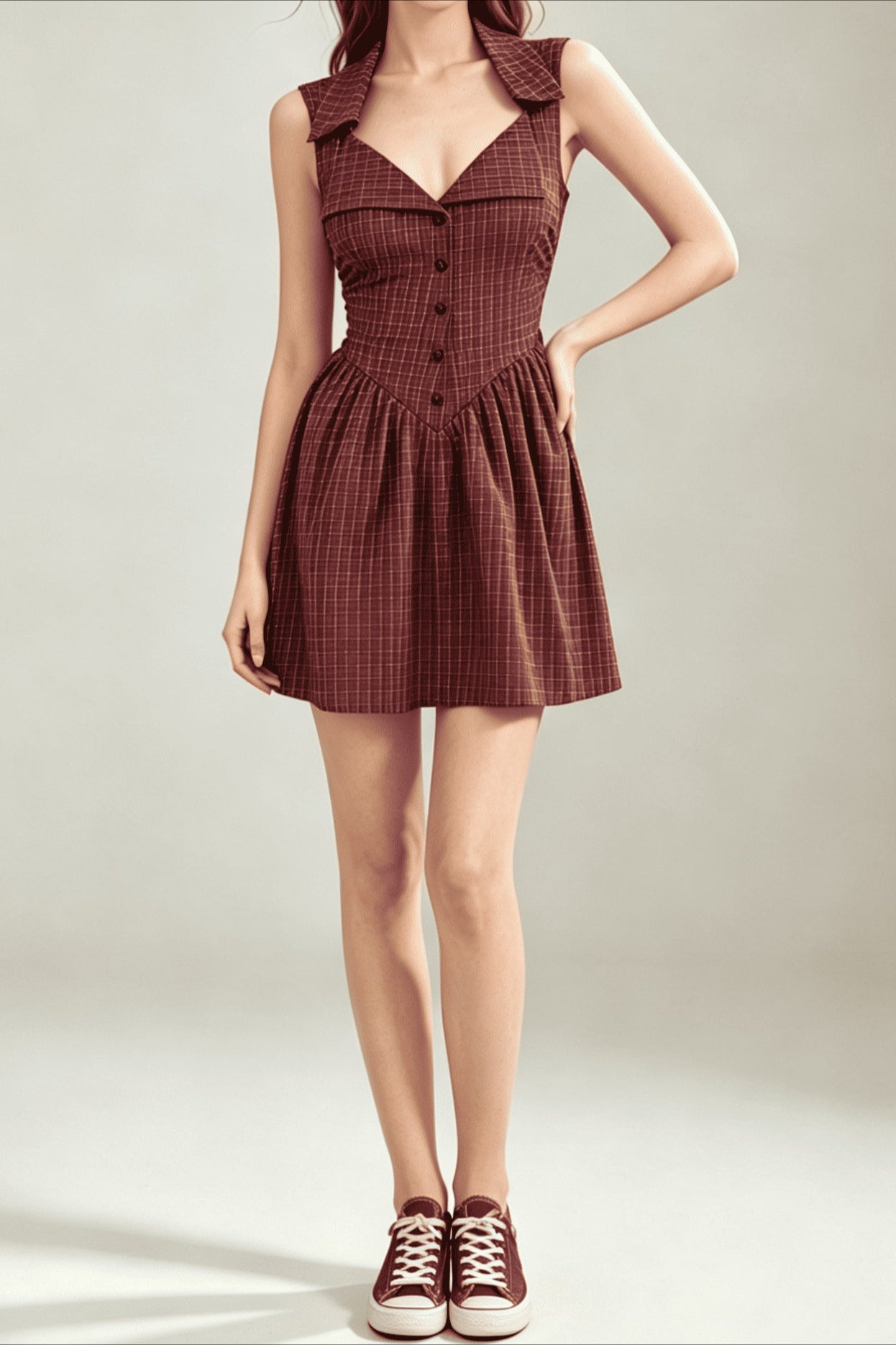 Plaid Halter Neck Waist Cinch Mini Dress