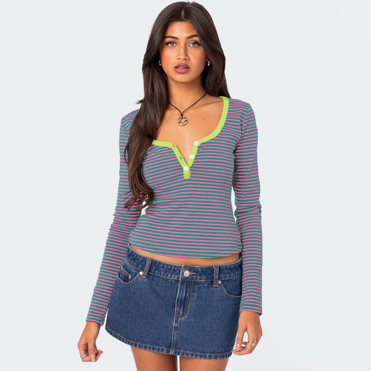 Striped Knit Straight Shoulder T-shirt