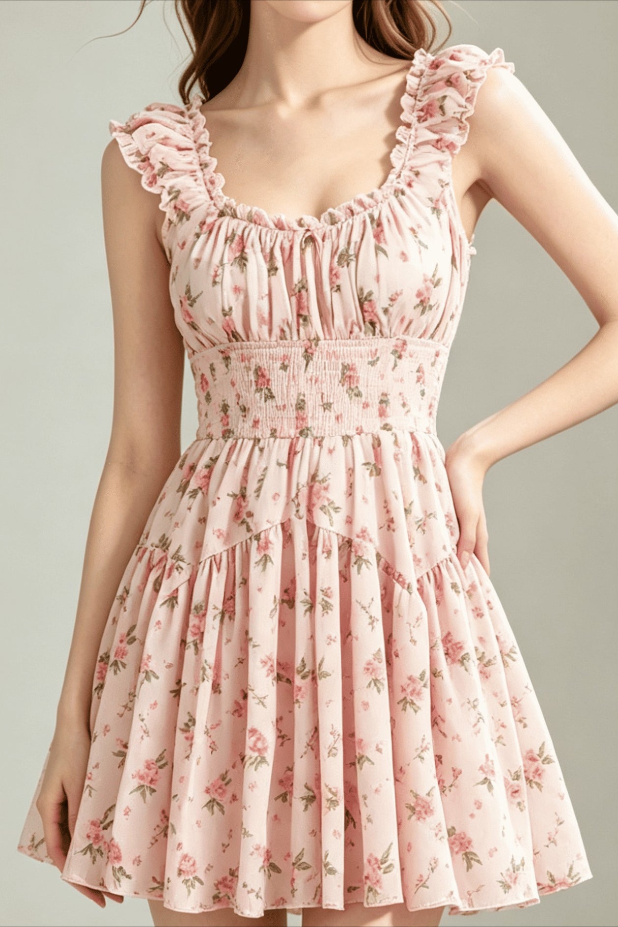 Floral Ruffled Trim Midi Dress