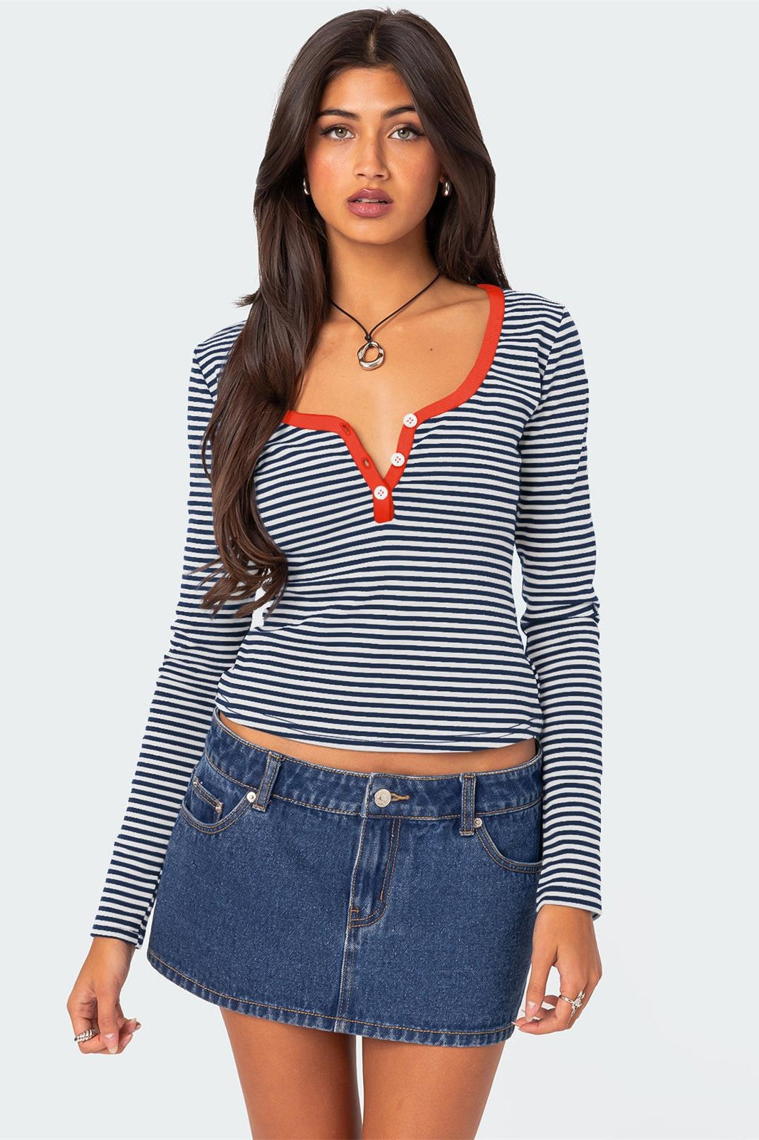 Striped Knit Straight Shoulder T-shirt