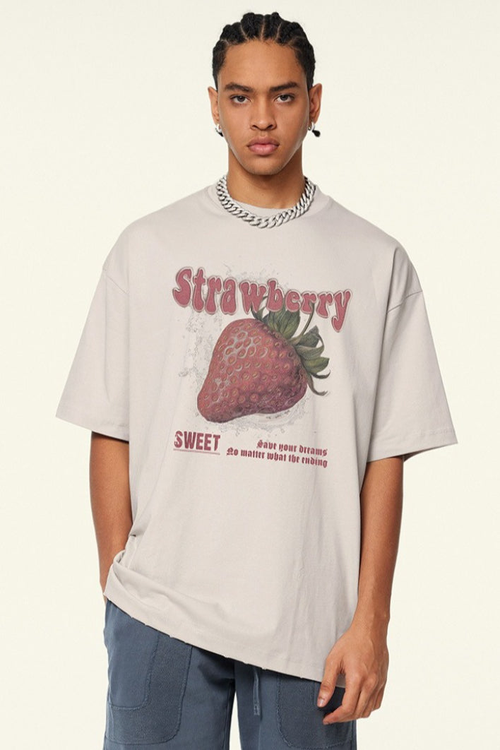 BE Men's 2025 Spring and Summer Trend Brand Loose and Cool Short Sleeve T-Shirt Strawberry Printed Mambo Short Sleeve T-Shirt Summer Men's