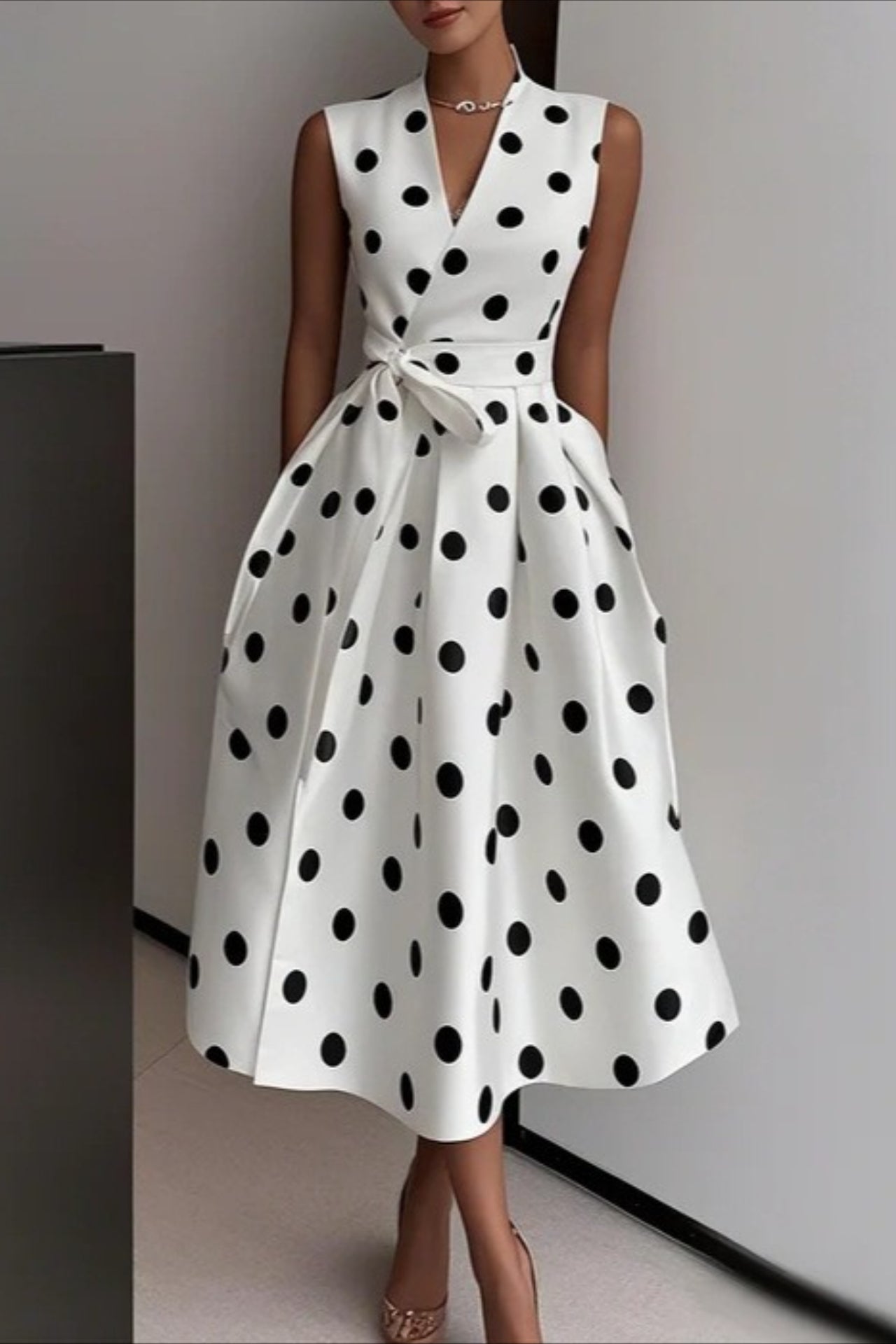 Sleeveless Polka Dot Vintage A-line Midi Dress