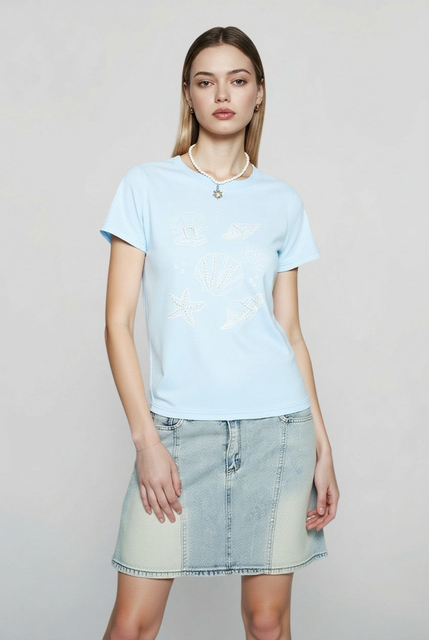 Crew Neck Pearl Detail Solid Loose T-shirt
