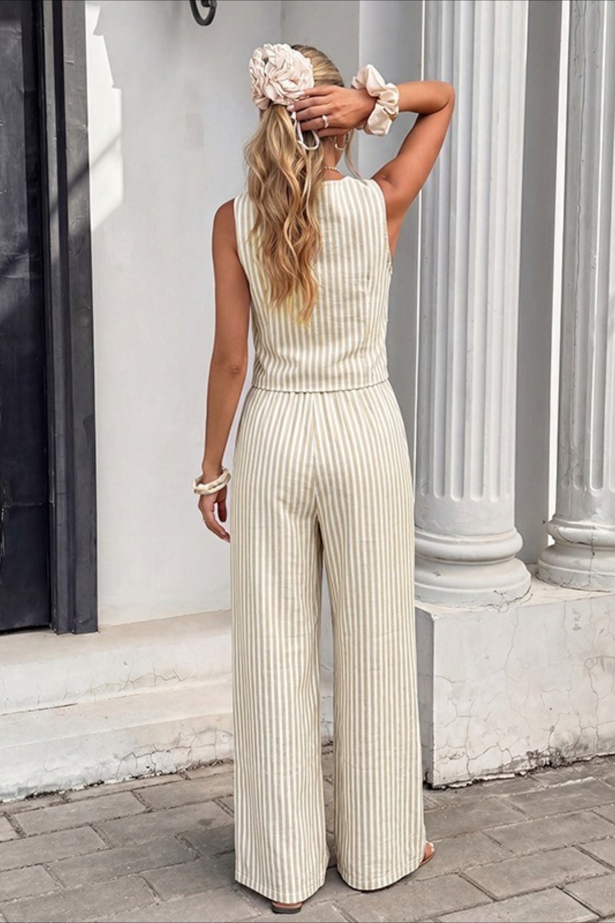 Striped Cutout Vest Casual Two Piece Set