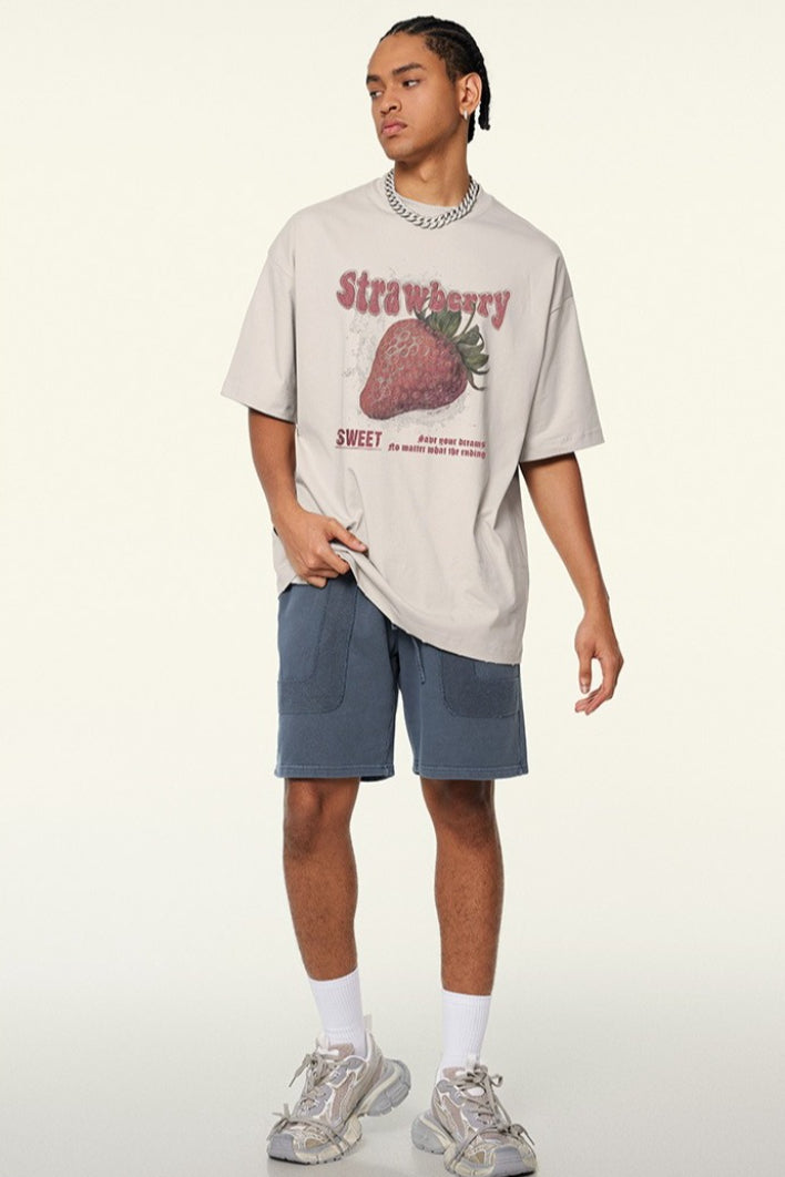 BE Men's 2025 Spring and Summer Trend Brand Loose and Cool Short Sleeve T-Shirt Strawberry Printed Mambo Short Sleeve T-Shirt Summer Men's