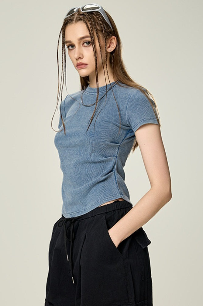 Washed Ruched Slim Y2K Stretch T-shirt