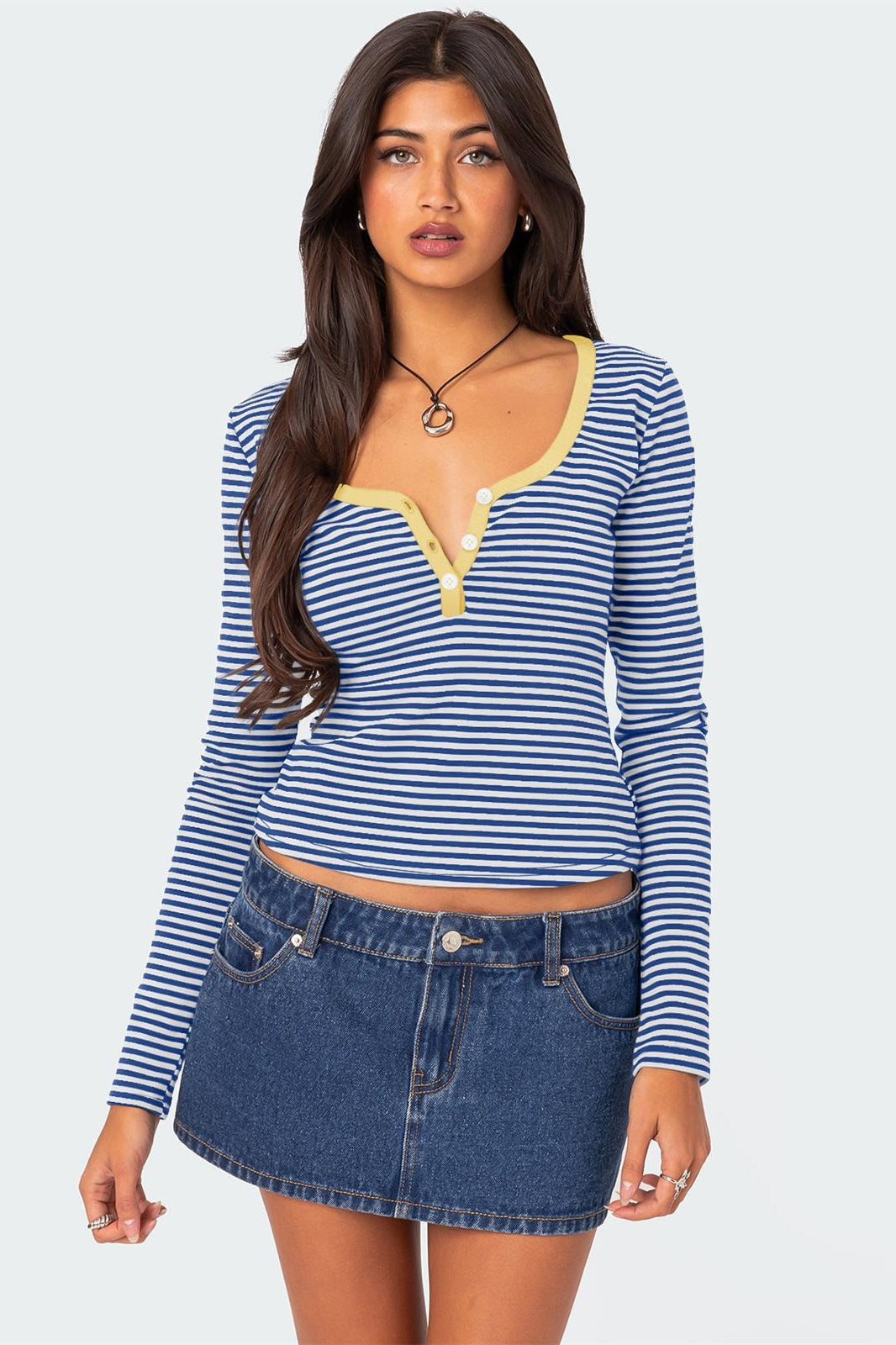 Striped Knit Straight Shoulder T-shirt