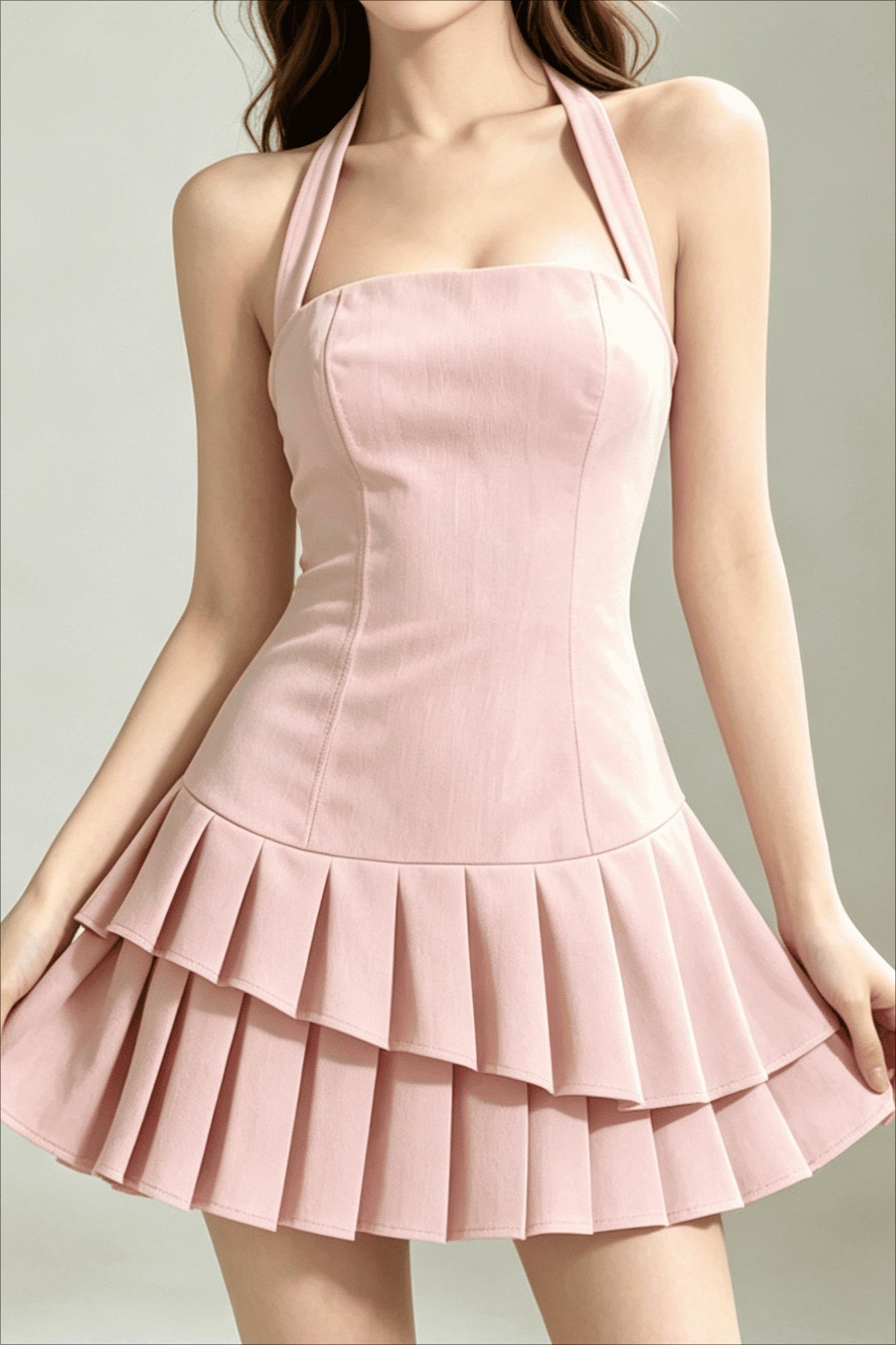 Halter Pleated Slim Mini Dress