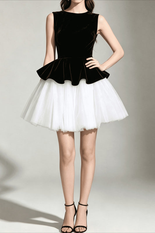Velvet Mesh Sleeveless Puff Mini Dress