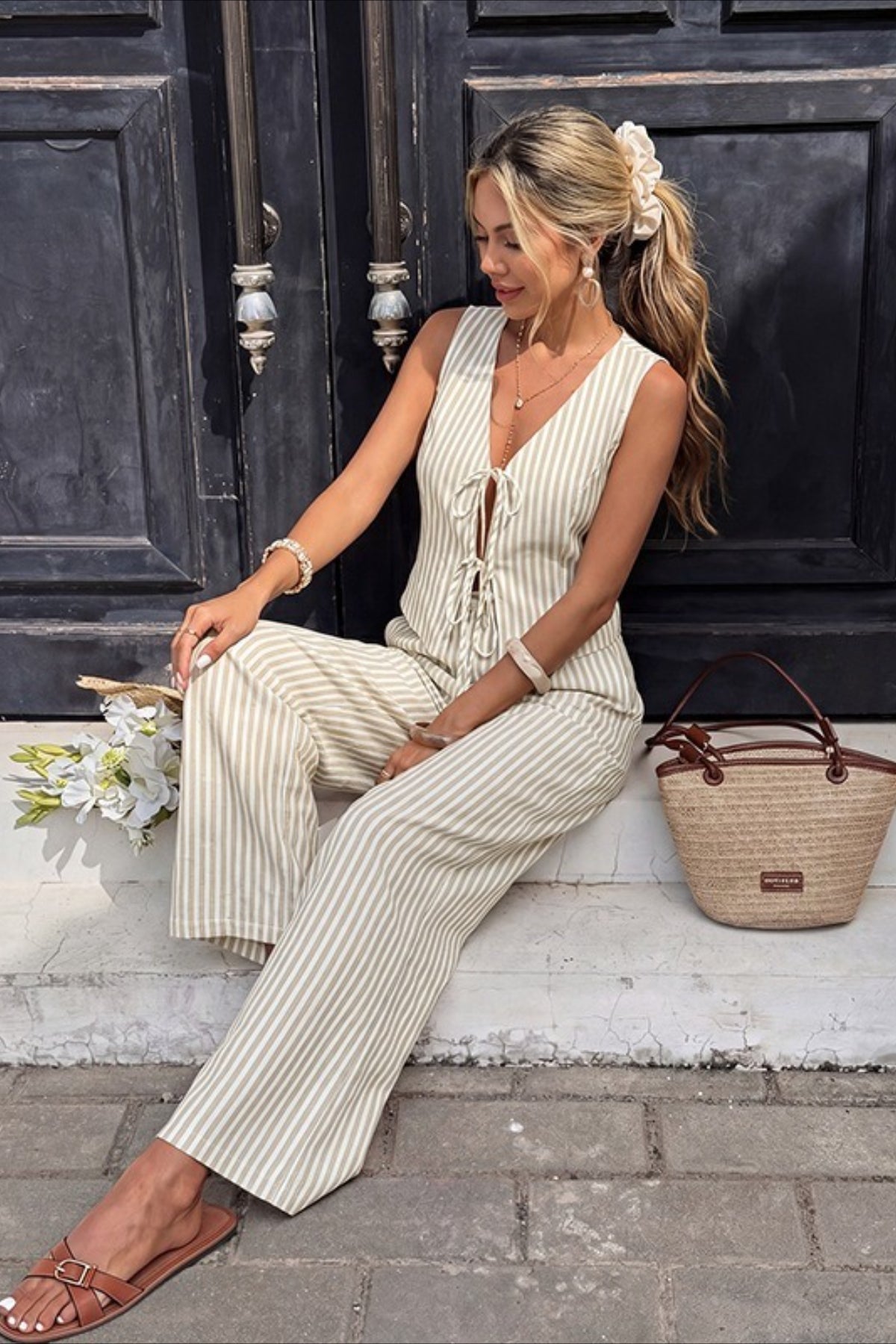 Striped Cutout Vest Casual Two Piece Set