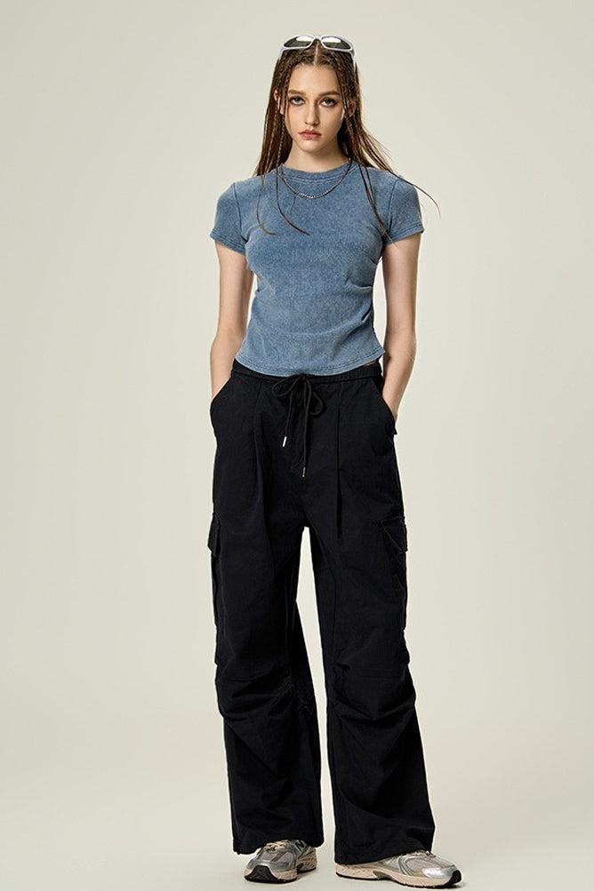 Washed Ruched Slim Y2K Stretch T-shirt