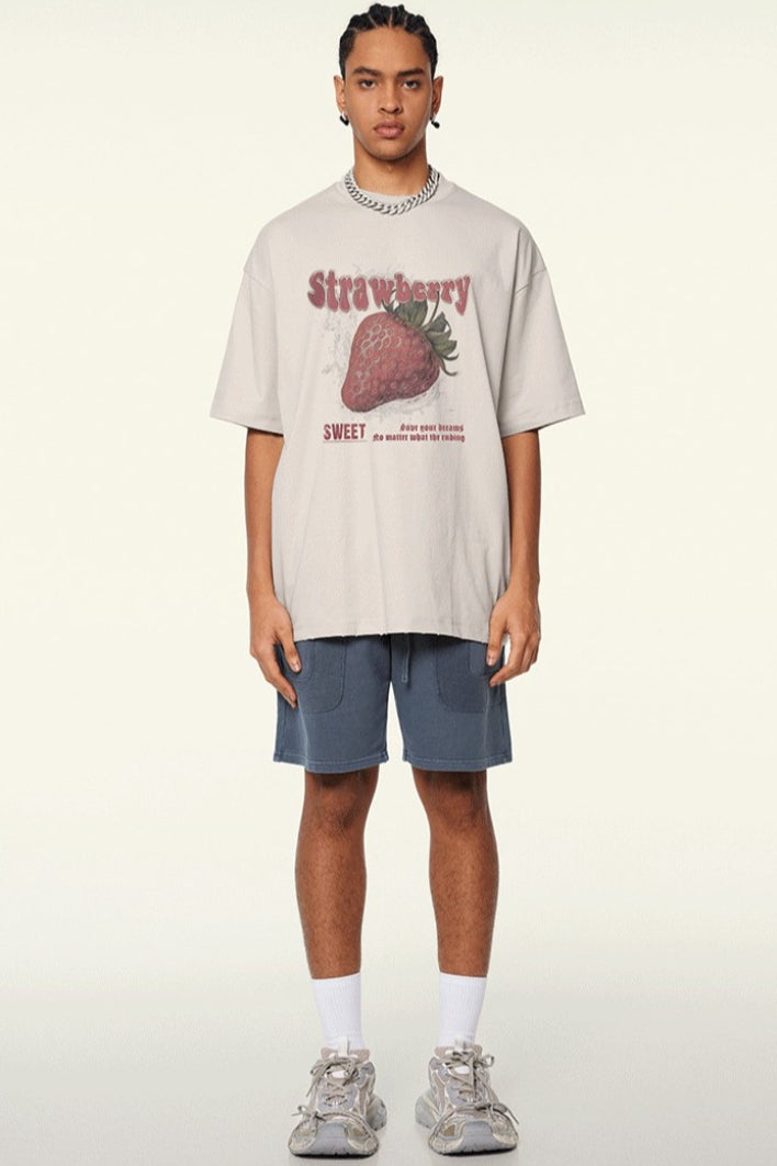 BE Men's 2025 Spring and Summer Trend Brand Loose and Cool Short Sleeve T-Shirt Strawberry Printed Mambo Short Sleeve T-Shirt Summer Men's