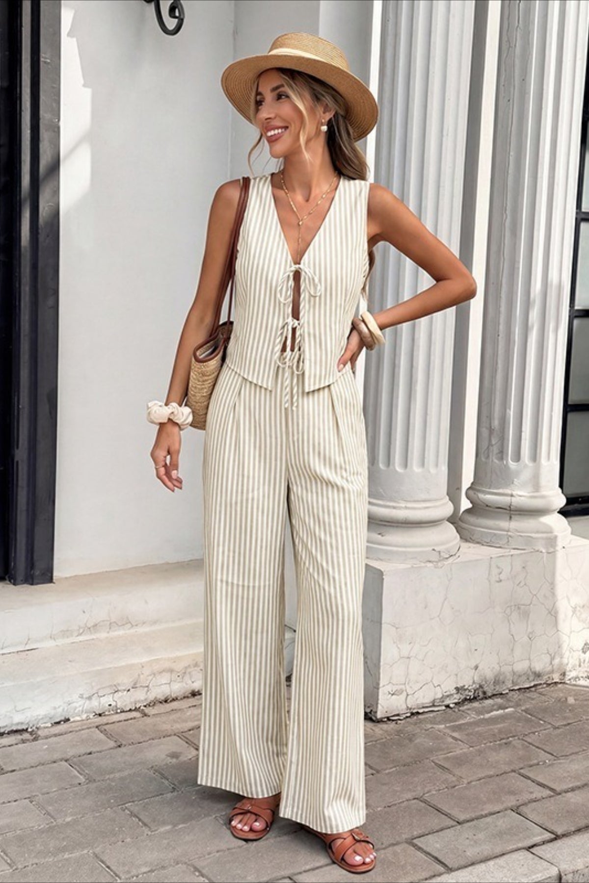 Striped Cutout Vest Casual Two Piece Set