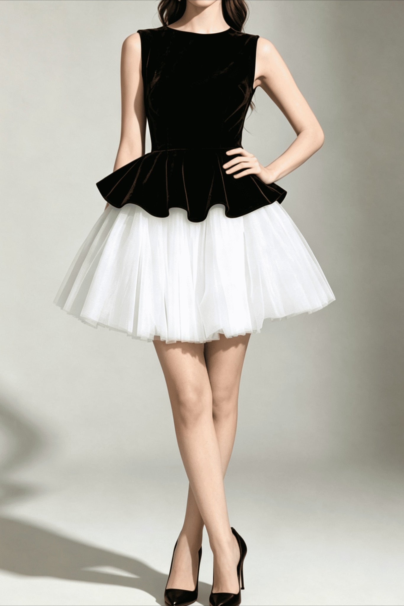 Velvet Mesh Sleeveless Puff Mini Dress